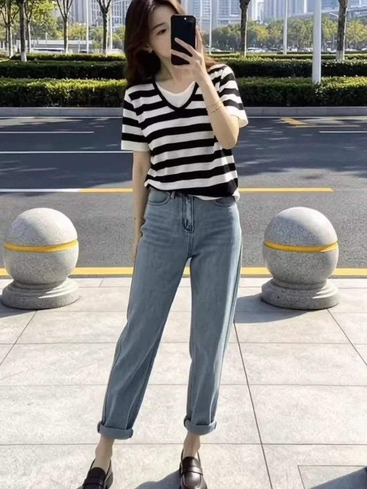 假兩件條紋撞色V領短袖針織衫女夏季新款寬松顯瘦百搭洋氣薄上衣