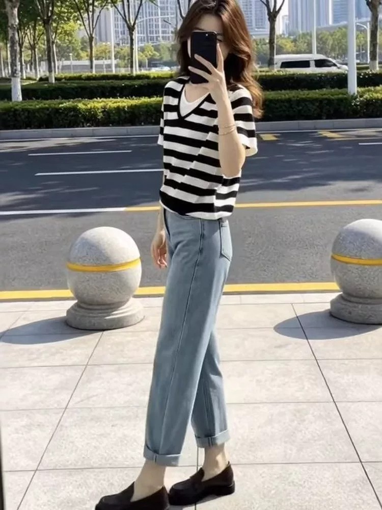 假兩件條紋撞色V領短袖針織衫女夏季新款寬松顯瘦百搭洋氣薄上衣
