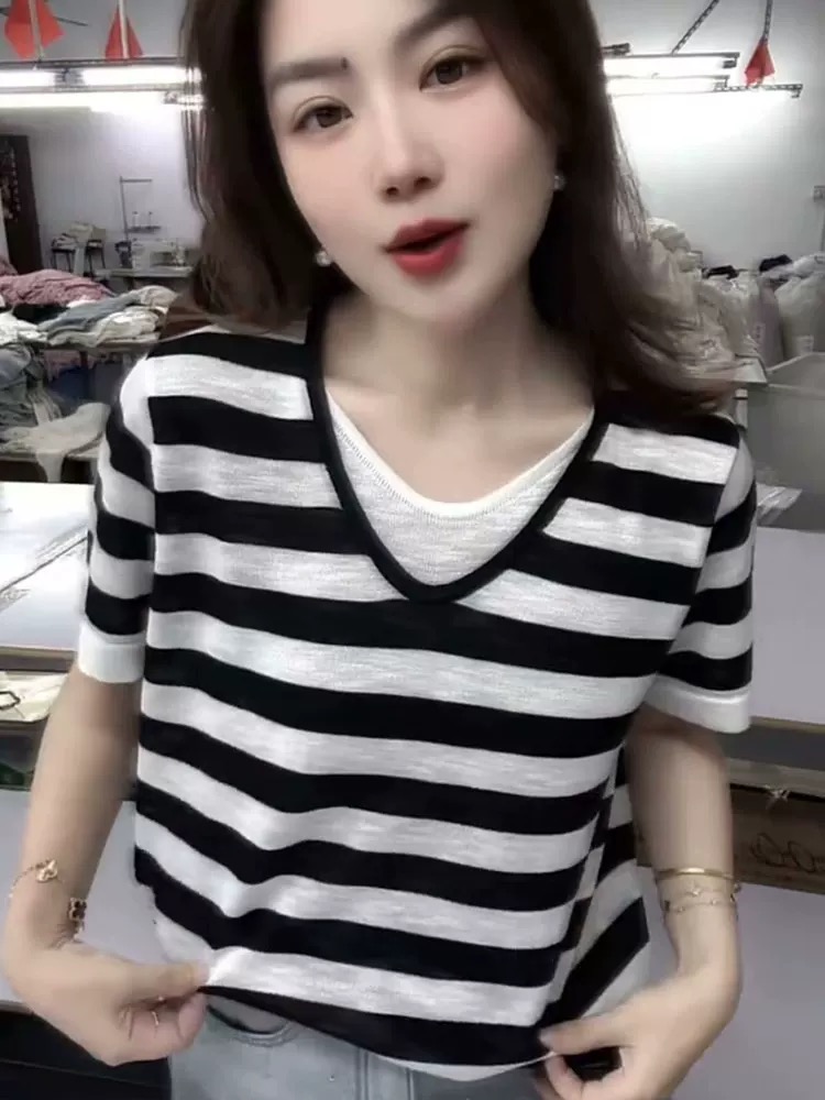 v領針織短袖女夏薄款2026寬松顯瘦上衣服