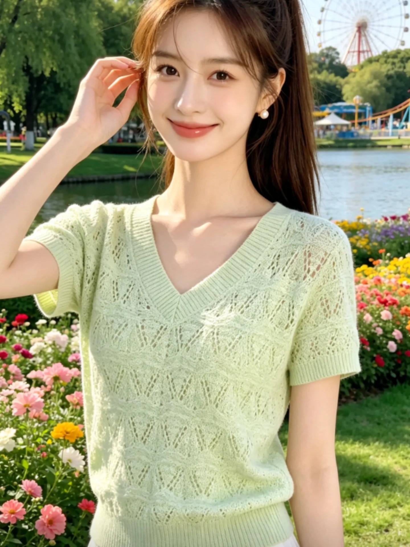 歐貨高級感提花珠片收腰顯瘦V領針織短袖T恤女鏤空罩衫肉桂粉上衣