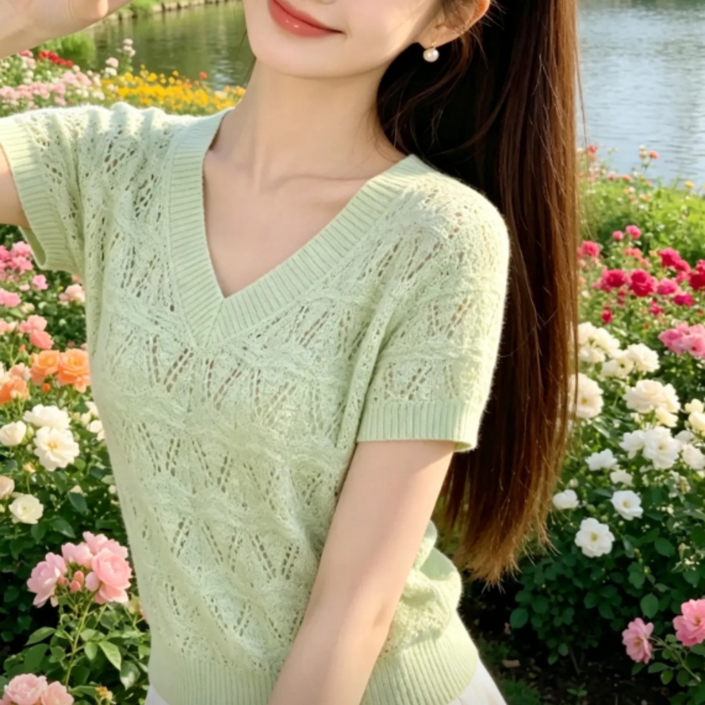 歐貨高級感提花珠片收腰顯瘦V領針織短袖T恤女鏤空罩衫肉桂粉上衣