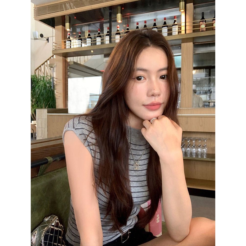 法式半高領條紋短袖針織衫女夏季新款氣質修身顯瘦短款T恤上衣潮