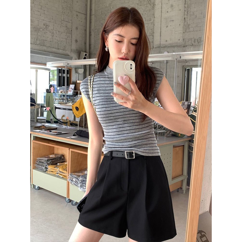 法式半高領條紋短袖針織衫女夏季新款氣質修身顯瘦短款T恤上衣潮