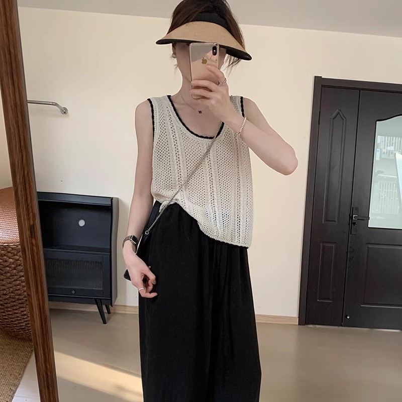 法式休閑甜美麻料背心2024夏季新款韓版薄款坎肩百搭純色無袖T恤