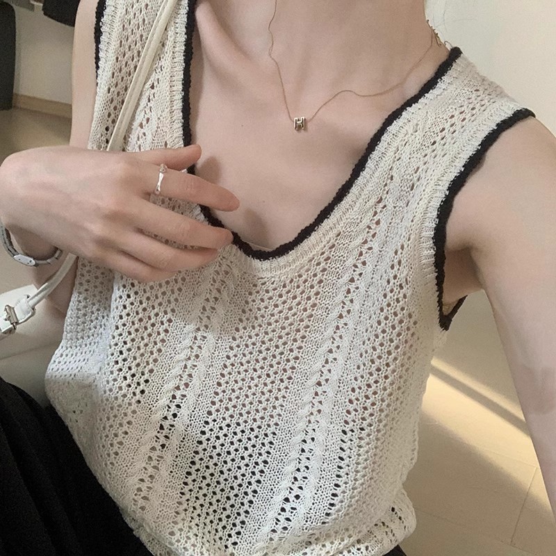 法式休閑甜美麻料背心2024夏季新款韓版薄款坎肩百搭純色無袖T恤