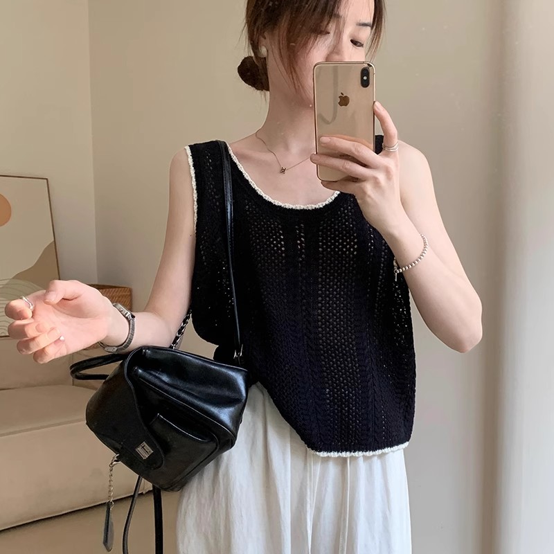 法式休閑甜美麻料背心2024夏季新款韓版薄款坎肩百搭純色無袖T恤