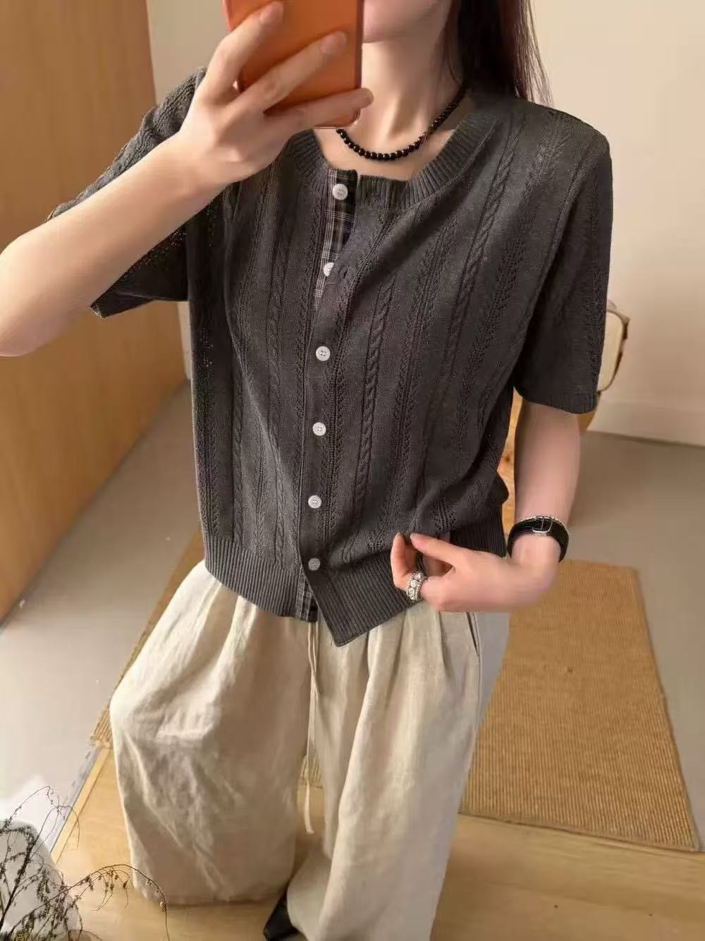 法式溫柔風鏤空絞花紋短袖針織開衫女夏季薄款百搭顯瘦高級感上衣