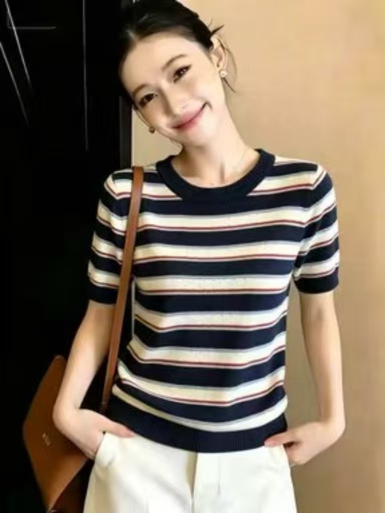 圓領條紋撞色針織正肩短袖t恤女夏季2026新款設計感超火減齡上衣