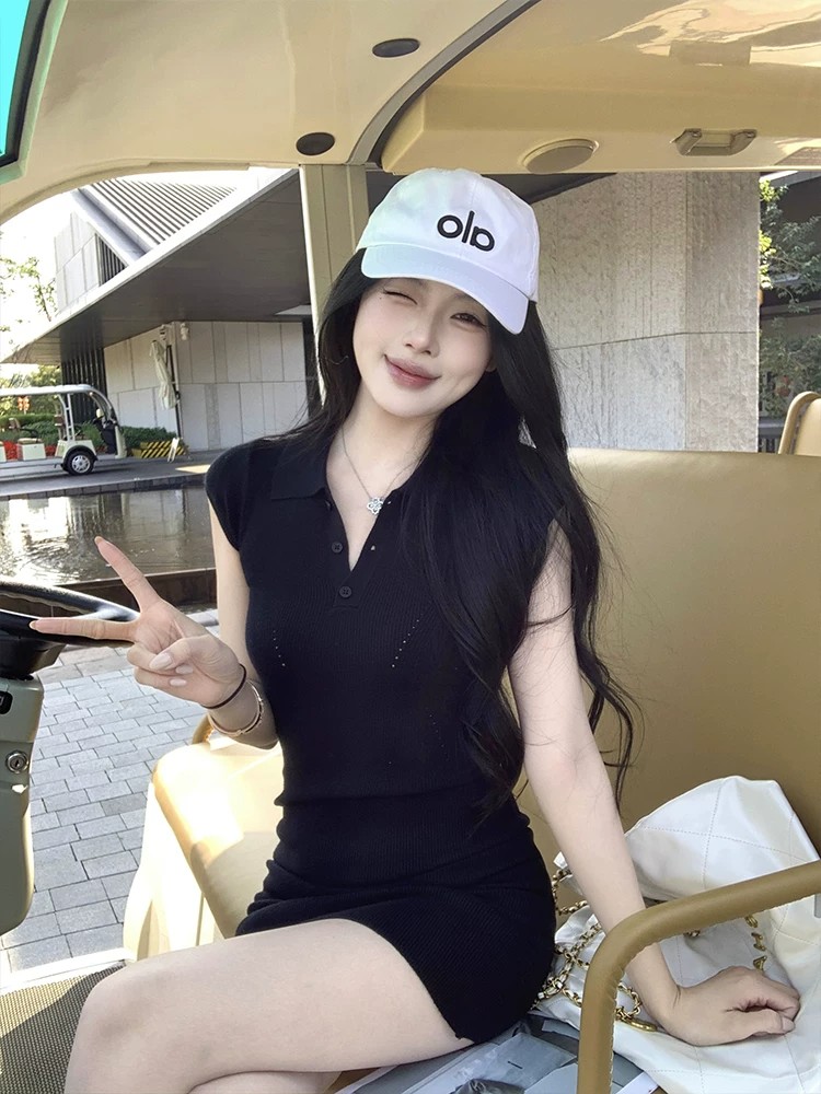 MosesQueen魔西女王粉色polo領針織短袖連衣裙修身顯瘦包臀短裙子