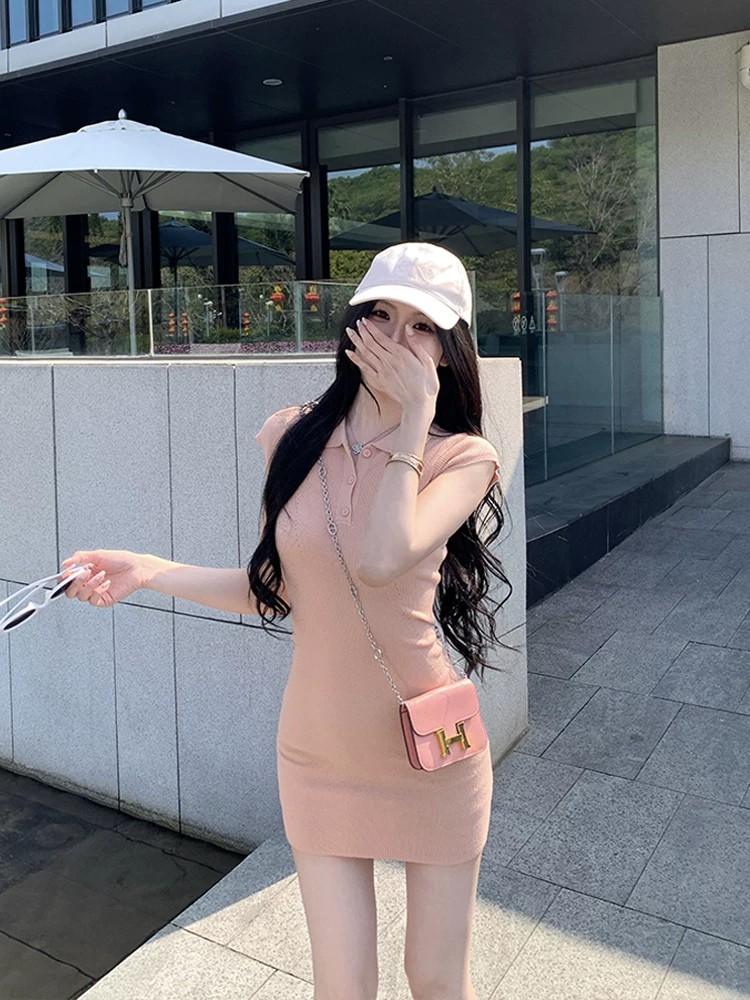 MosesQueen魔西女王粉色polo領針織短袖連衣裙修身顯瘦包臀短裙子