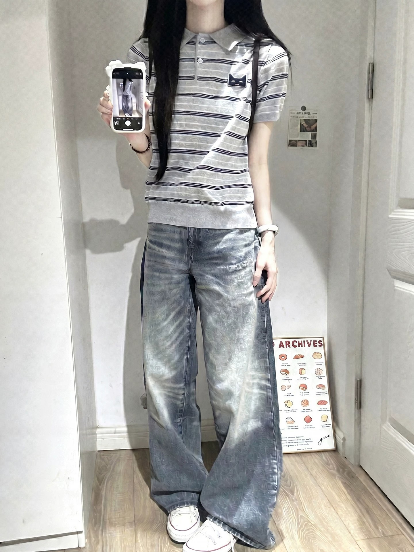 條紋刺繡POLO領針織短袖上衣女夏季薄款顯瘦條紋設計感獨特T恤ins