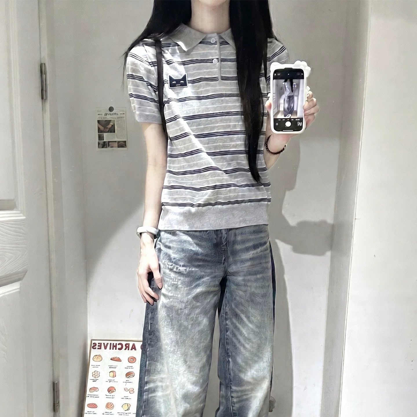 條紋刺繡POLO領針織短袖上衣女夏季薄款顯瘦條紋設計感獨特T恤ins