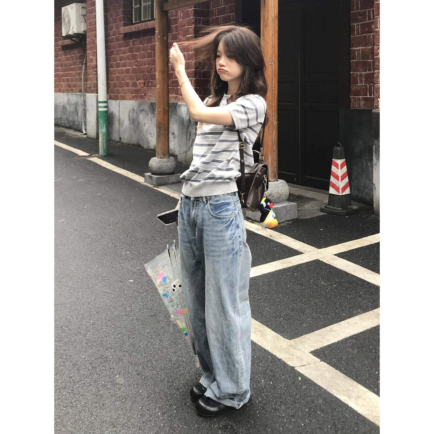 灰白條紋POLO衫韓系2026新款休閑百搭高級感上衣短袖t恤春夏季女