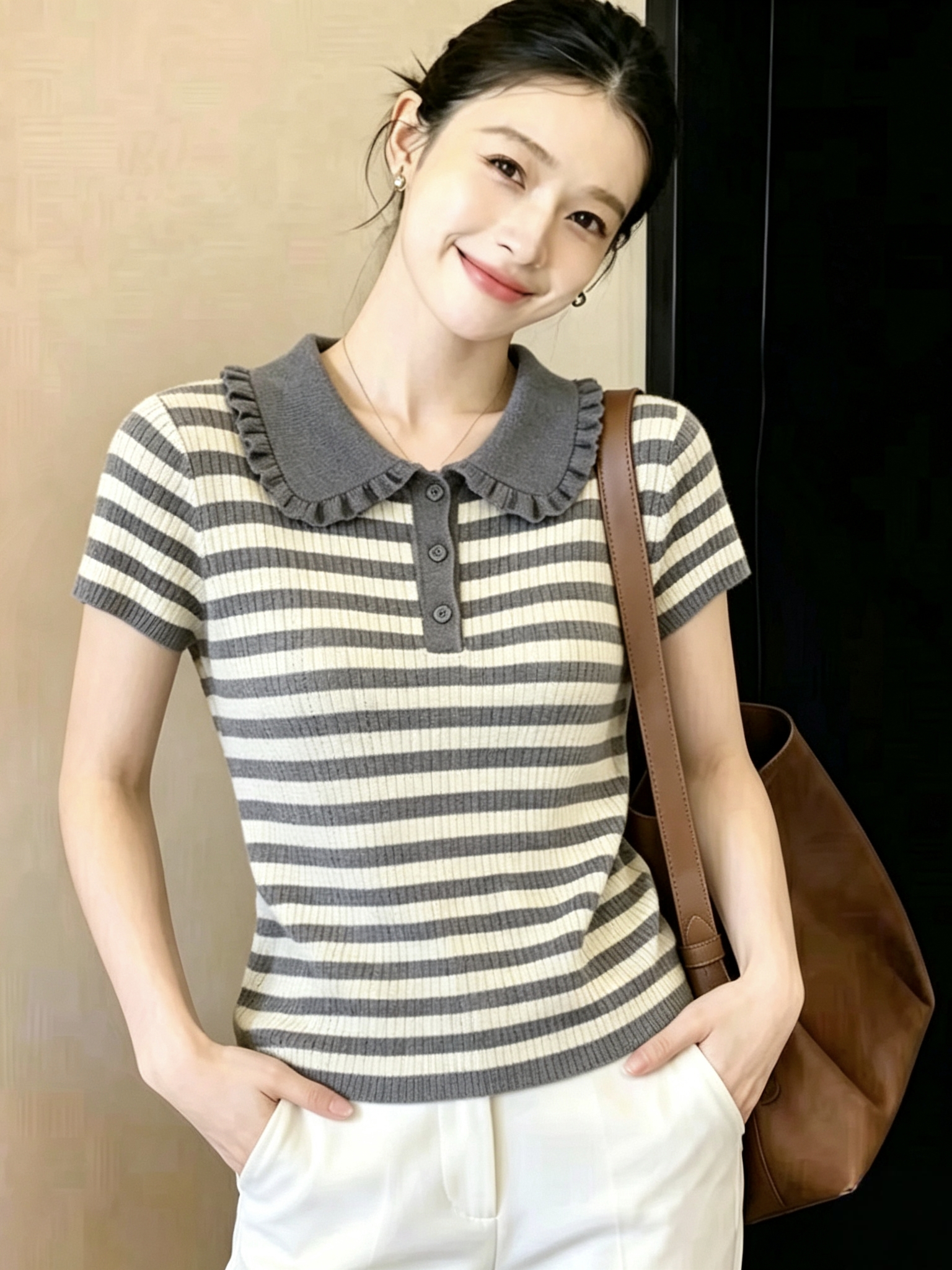 木耳邊娃娃領條紋針織短袖女夏季新款顯瘦百搭上衣