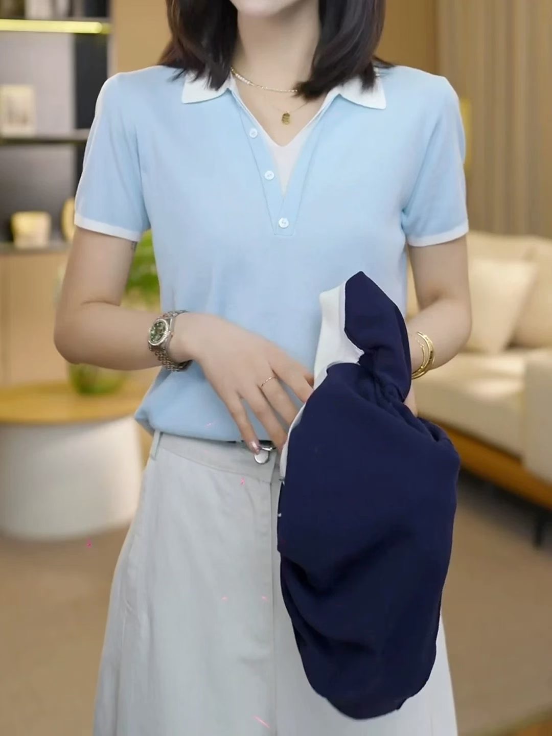復古風撞色POLO領短袖T恤女夏季新款寬松休閑百搭減齡翻領上衣