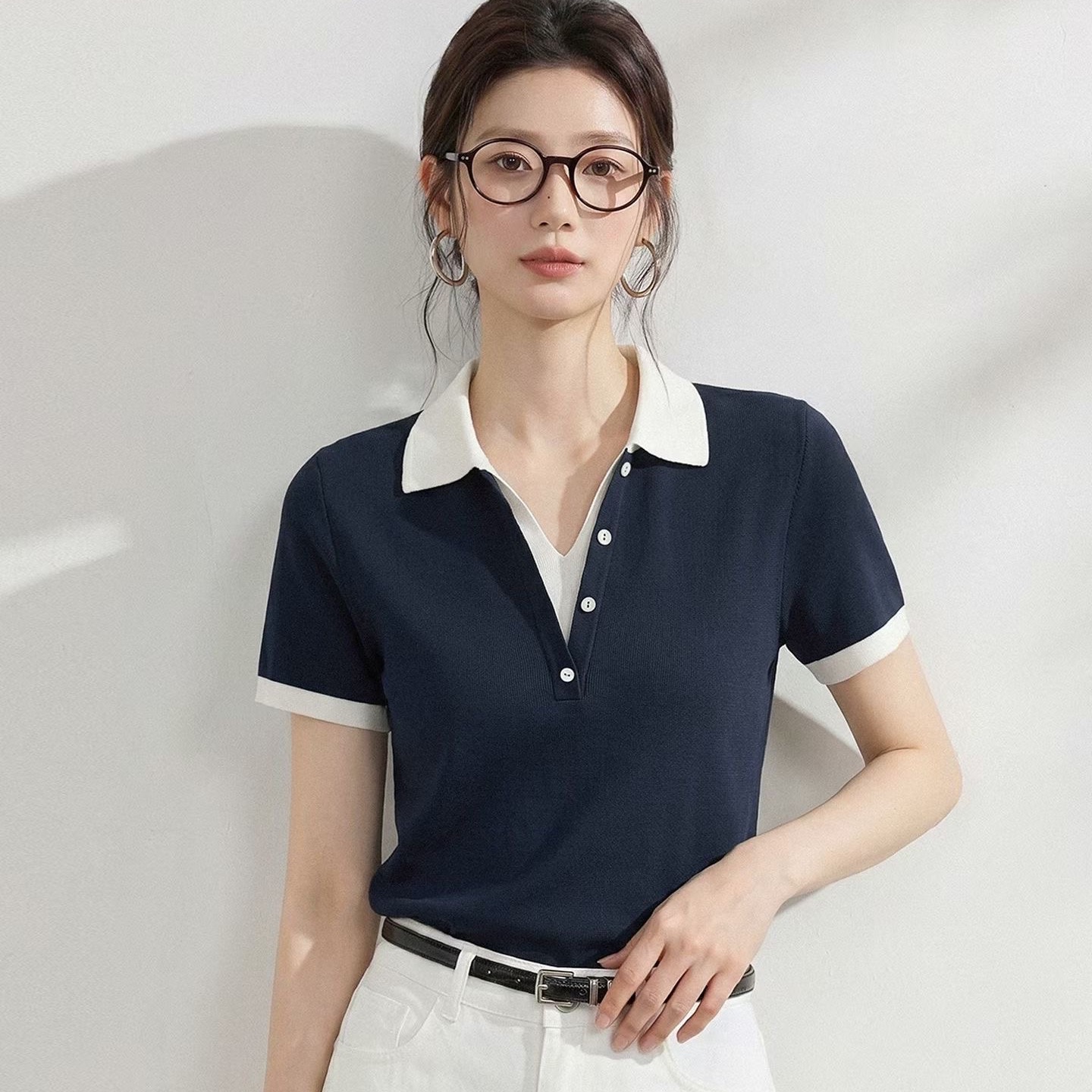 復古風撞色POLO領短袖T恤女夏季新款寬松休閑百搭減齡翻領上衣