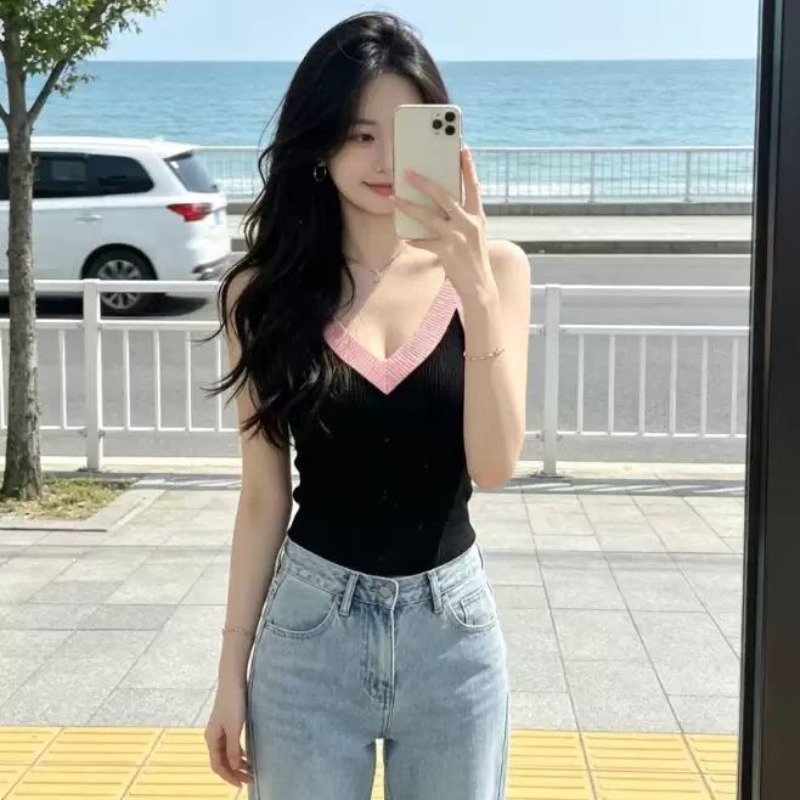 美式辣妹風撞色V領針織吊帶背心大碼胖MM外穿遮肚顯瘦巨好看上衣
