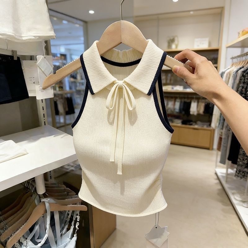 新款短款POLO領純色無袖背心外穿內搭小個子純欲風通勤針織打底衫