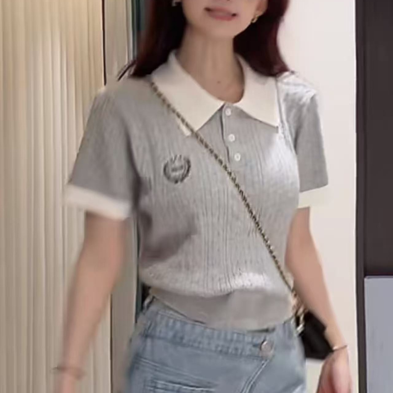 Top學院風高級感撞色百搭上衣女2026夏季新款甜美減齡刺繡T恤小衫