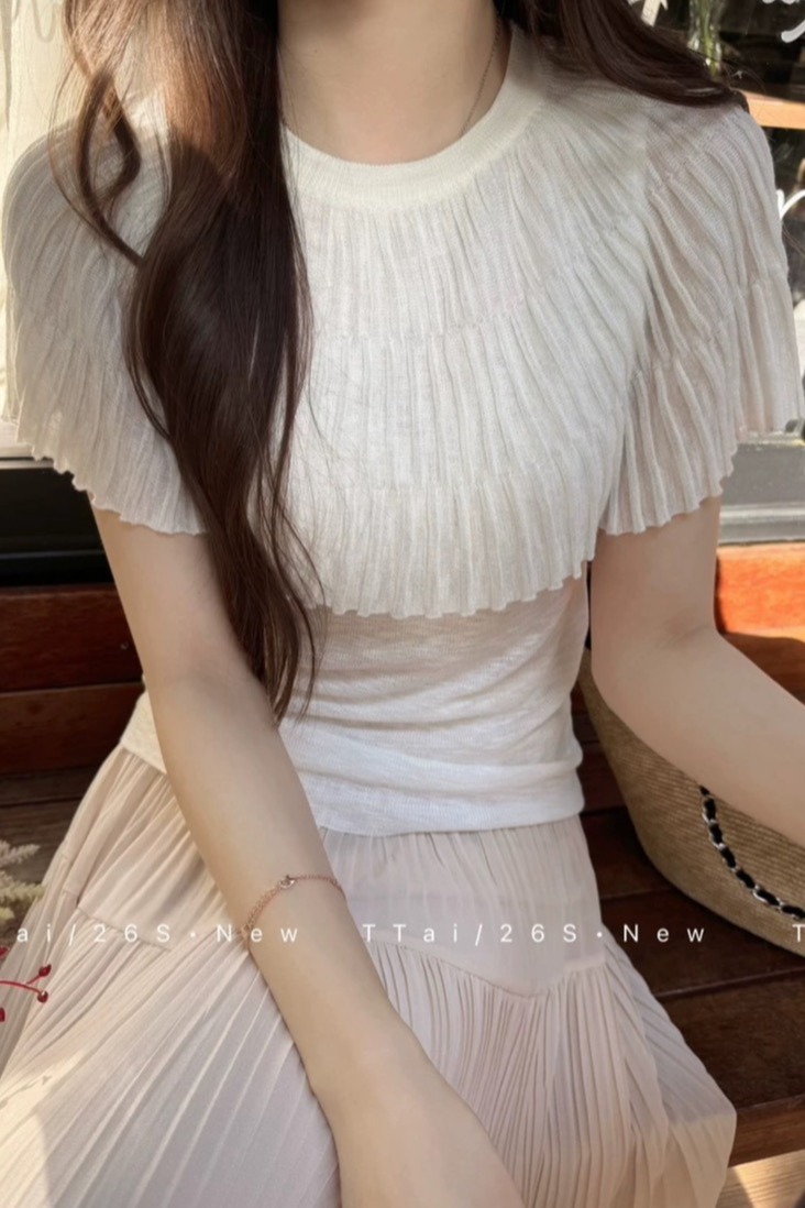 假兩件荷葉邊針T恤女簡約時尚設計感修身顯瘦上衣女