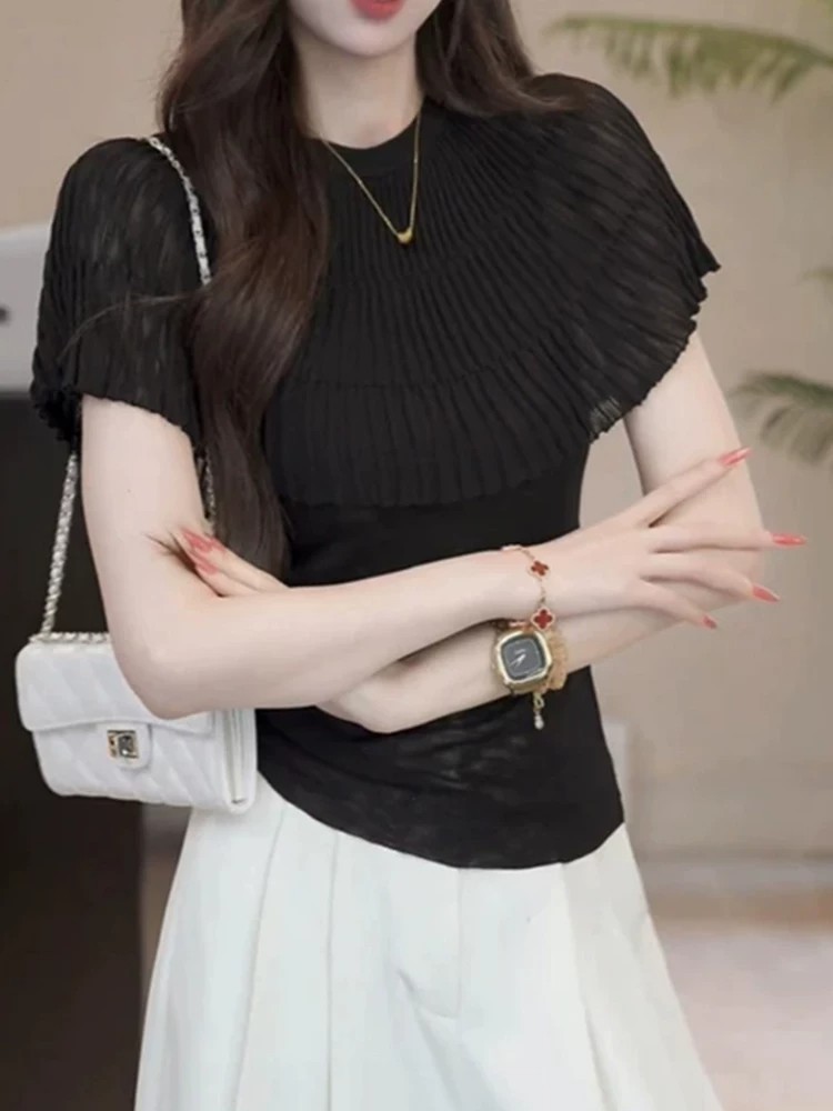 假兩件荷葉邊針T恤女簡約時尚設計感修身顯瘦上衣女