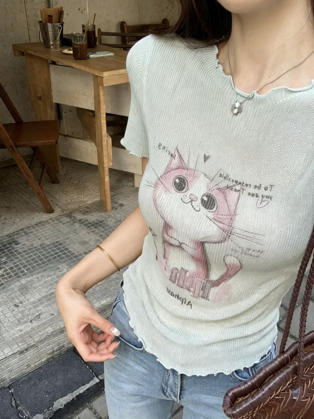 夏季時髦純欲小貓印花修身顯瘦木耳邊溫柔細膩針織衫溫柔百搭小衫