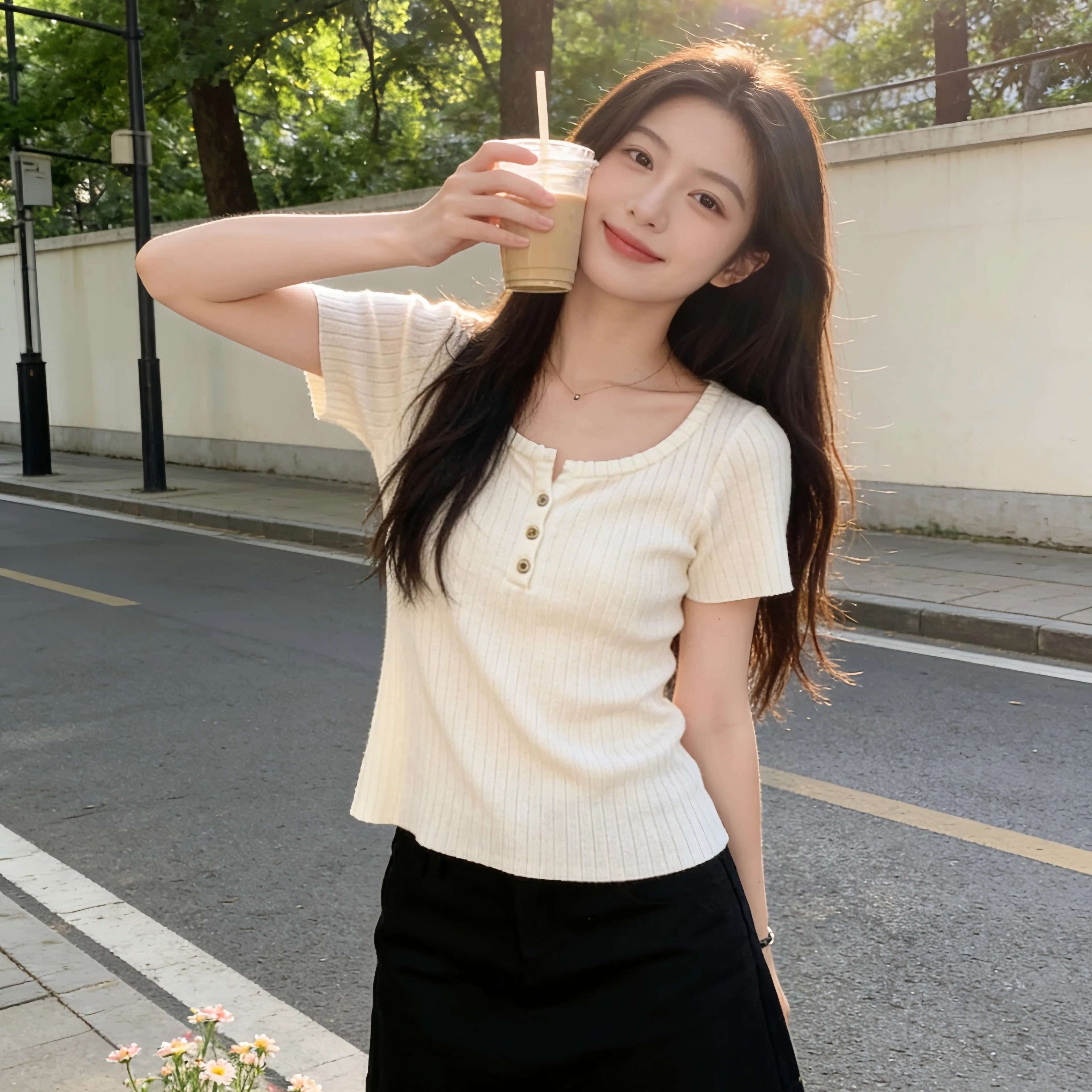 圓領正肩針織短袖T恤女2026年夏季新款高級感修身露鎖骨短款上衣