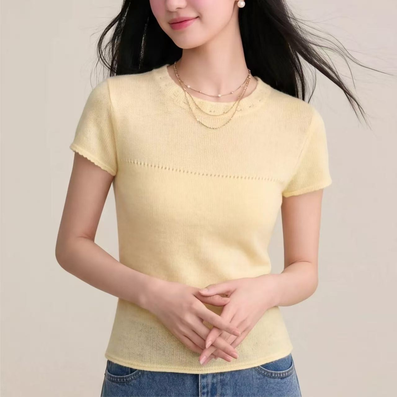 溫柔風黃色圓領短袖針織衫女2026新款薄款夏季薄款冰絲短款上衣女