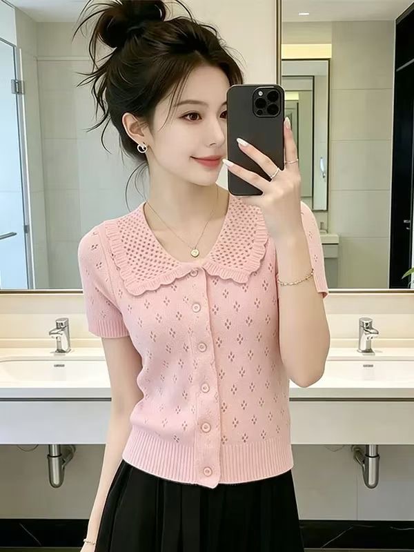 夏季新款韓系女裝別致漂亮減齡時尚氣質短袖鏤空針織T恤上衣爆款