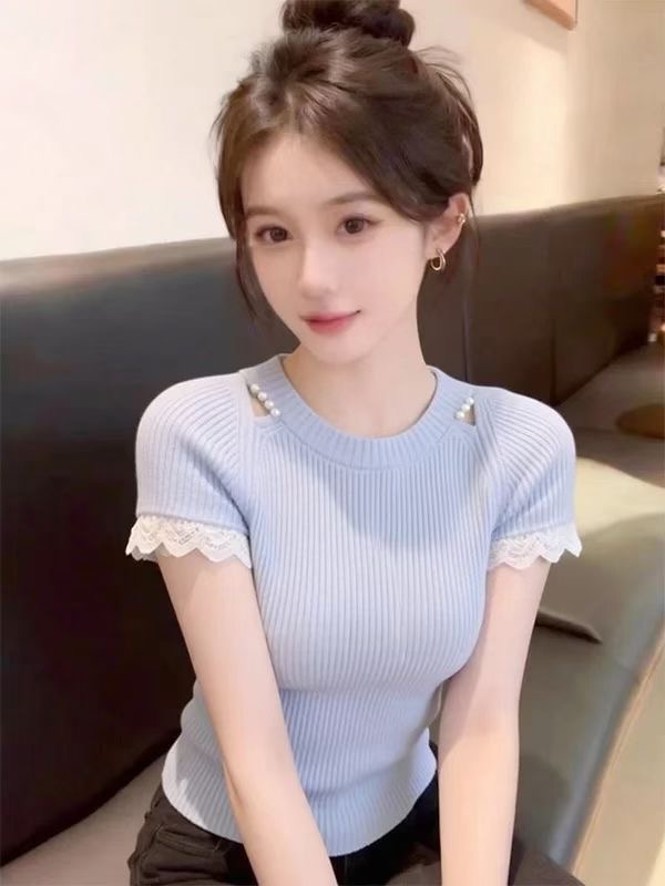 夏季新款法式奶系溫柔時尚氣質超好看百搭鏤空短袖針織T恤上衣女