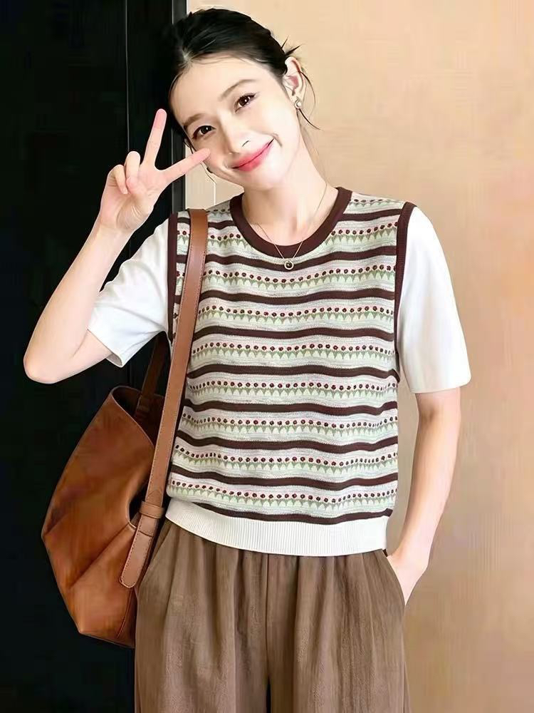 假兩件撞色條紋拼接短袖冰絲針織T恤女夏季新款圓領輕薄透氣上衣