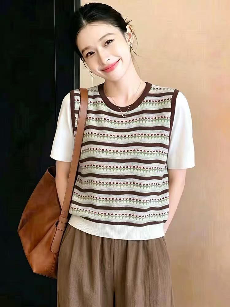 假兩件撞色條紋拼接短袖冰絲針織T恤女夏季新款圓領輕薄透氣上衣