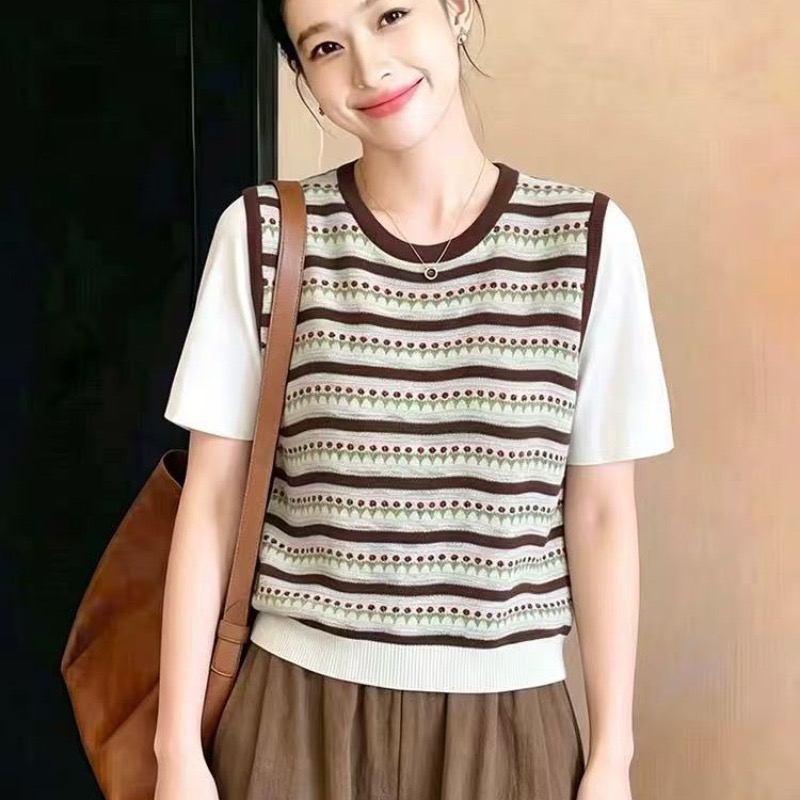 假兩件撞色條紋拼接短袖冰絲針織T恤女夏季新款圓領輕薄透氣上衣