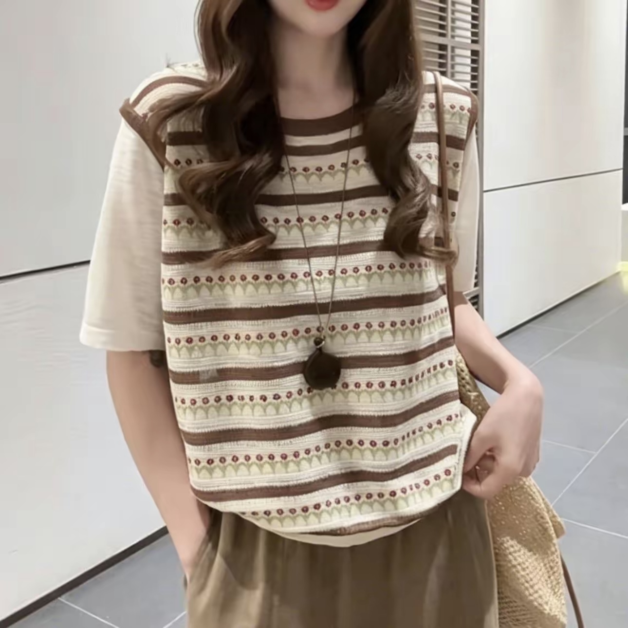 假兩件撞色條紋拼接短袖冰絲針織T恤女夏季新款圓領輕薄透氣上衣