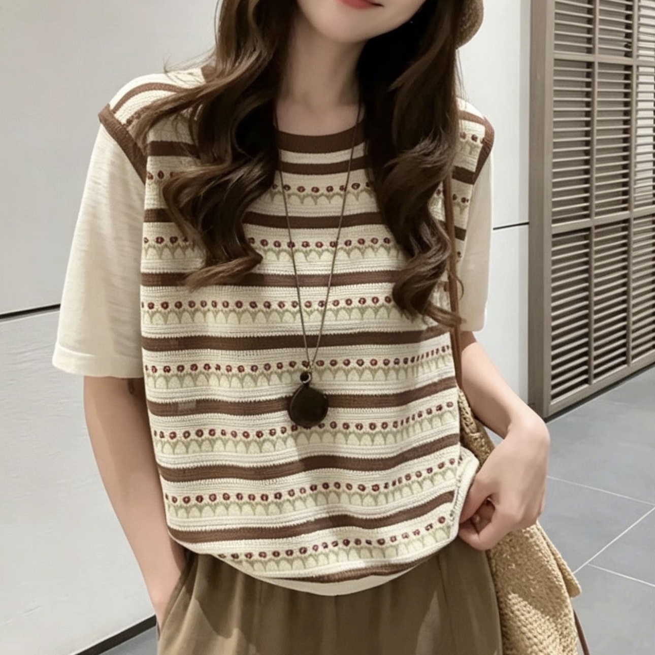 假兩件撞色條紋拼接短袖冰絲針織T恤女夏季新款圓領輕薄透氣上衣
