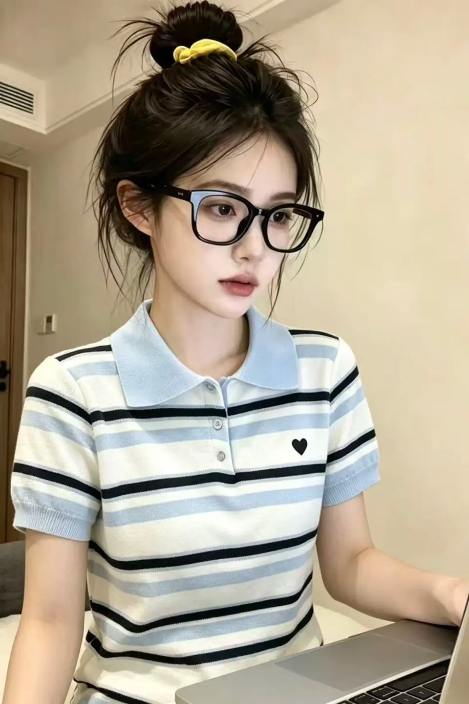 藍白撞色條紋愛心針織翻領短袖T恤女2026夏季新款高端小資小上衣