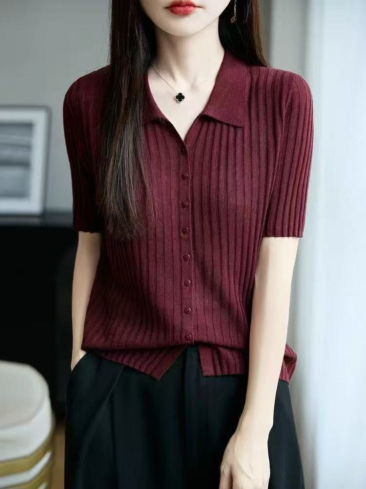 法式POLO領短袖T恤女冰麻針織半袖開衫上衣2026新款輕薄翻領t恤衫