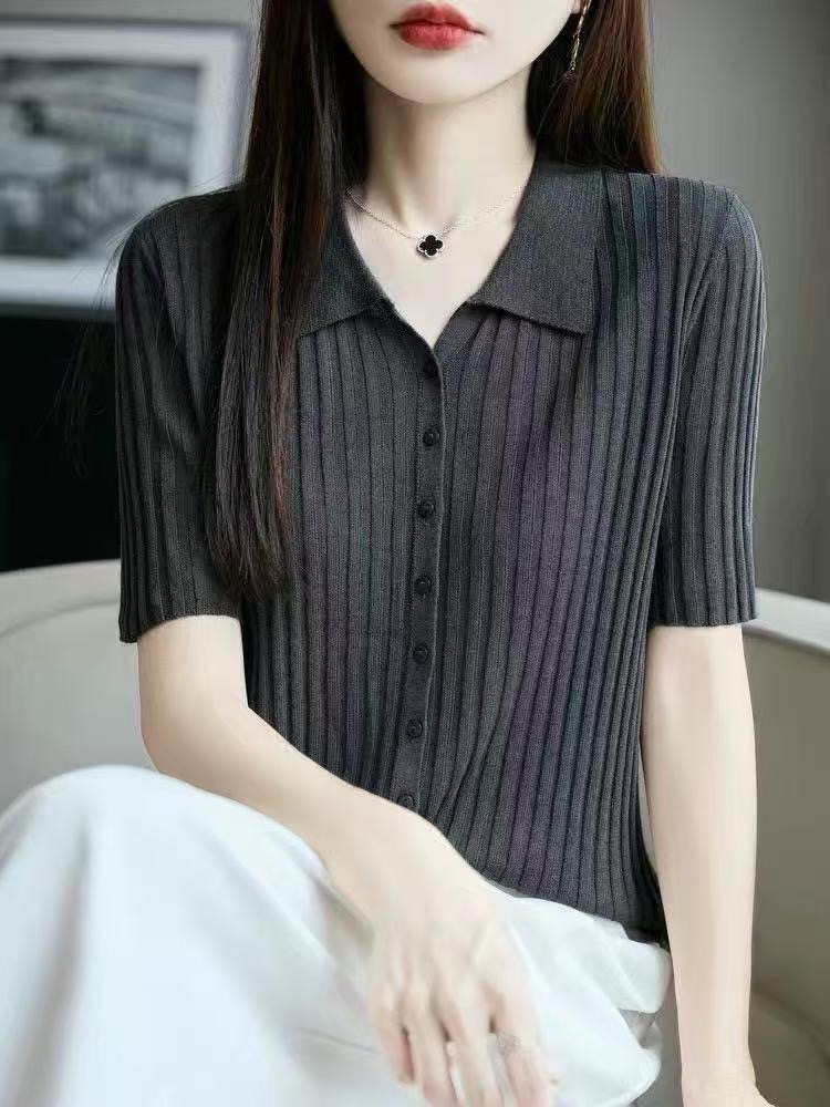 法式POLO領短袖T恤女冰麻針織半袖開衫上衣2026新款輕薄翻領t恤衫