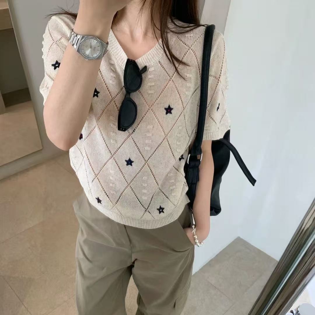 2026春夏季新款韓版寬松顯瘦百搭圓領短袖星星刺繡針織套頭女上衣