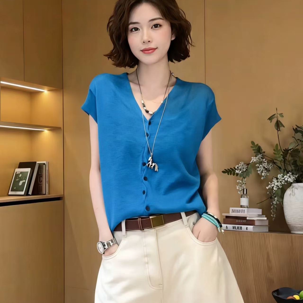 洋氣減齡V領短袖針織衫2026夏季大碼胖MM寬松百搭單排扣顯瘦上衣