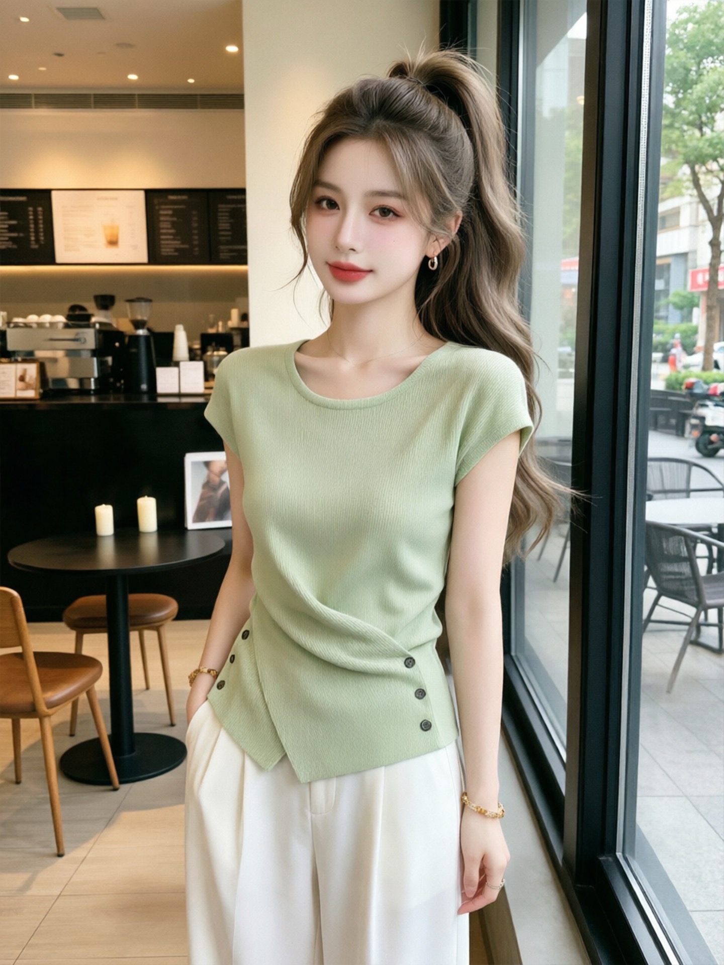 綠色絕美短袖修身T恤女2026夏季圓領多巴胺穿搭設計感氛圍感上衣