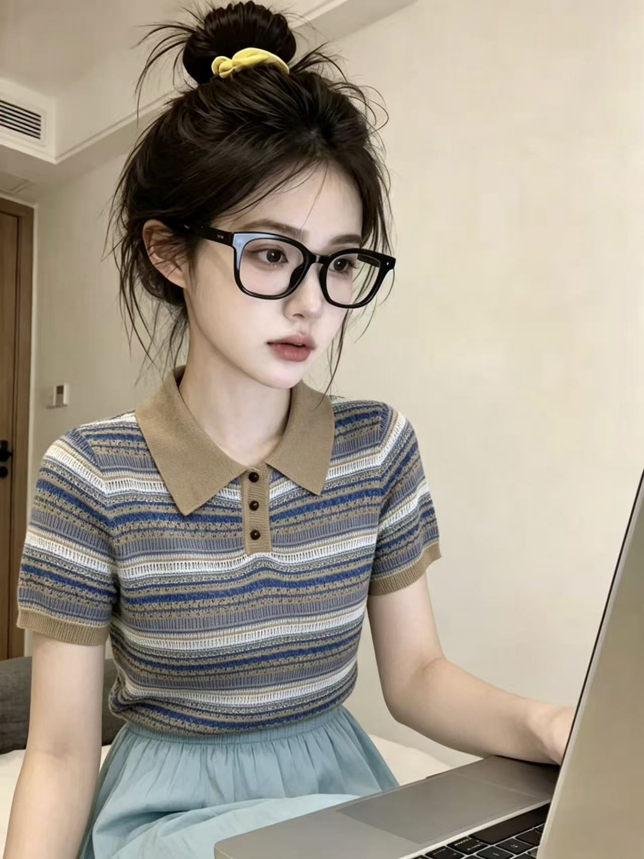 復古撞色條紋正肩短袖針織衫女夏季新款氣質顯瘦上衣
