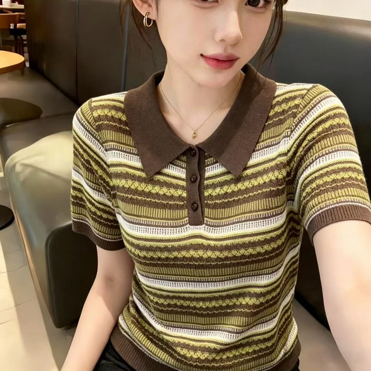 復古撞色條紋正肩短袖針織衫女夏季新款氣質顯瘦上衣