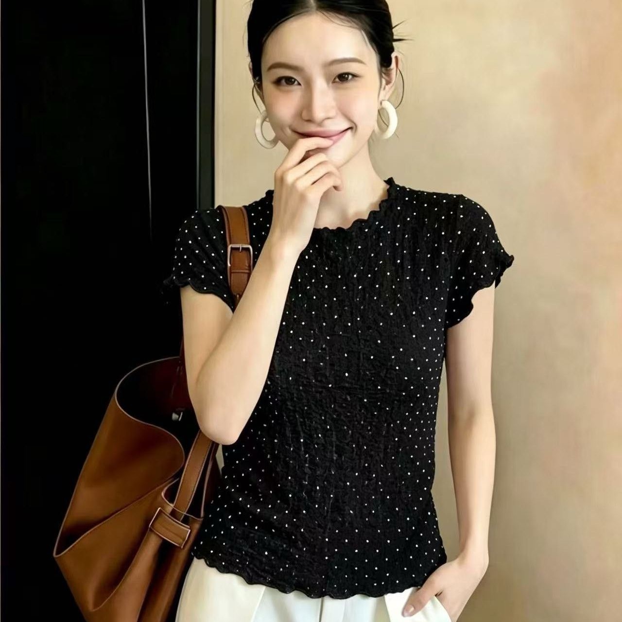韓系木耳邊波點小飛袖T恤女2026夏季新款甜美軟糯顯瘦百搭上衣