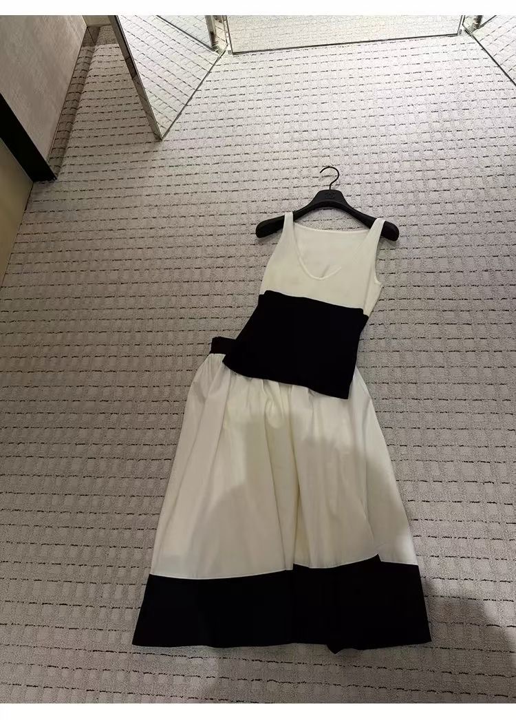 法式千金風撞色拼接吊帶背心女夏季新款氣質高腰A字半身裙兩件套