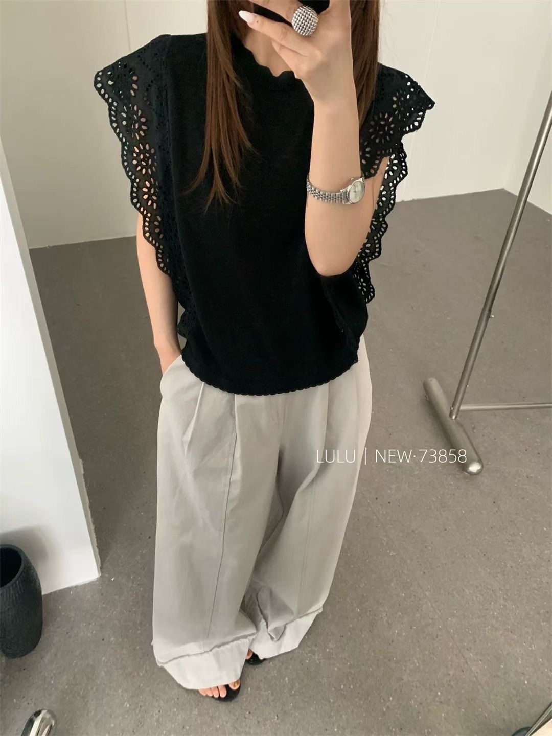 大碼夏季薄仿亞麻針織衫T恤女韓系復古蕾絲花邊無袖鏤空上衣
