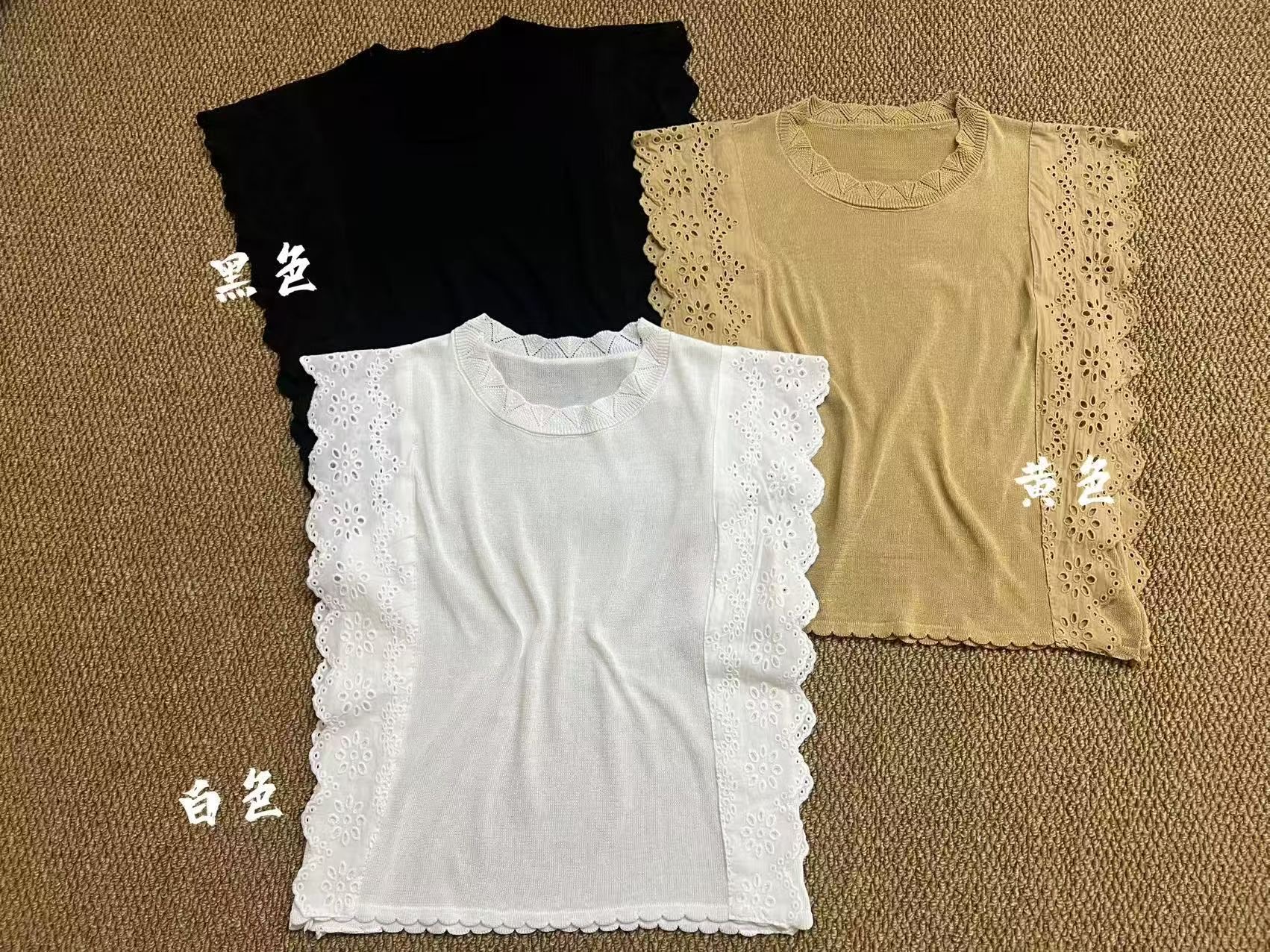 大碼夏季薄仿亞麻針織衫T恤女韓系復古蕾絲花邊無袖鏤空上衣