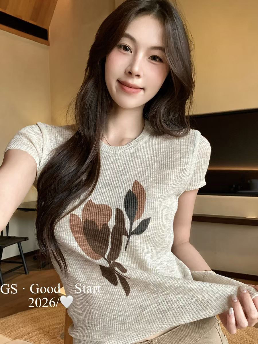 GS.GOOD START韓女夏純欲印花修身顯瘦款針織短袖上衣小衫女夏季
