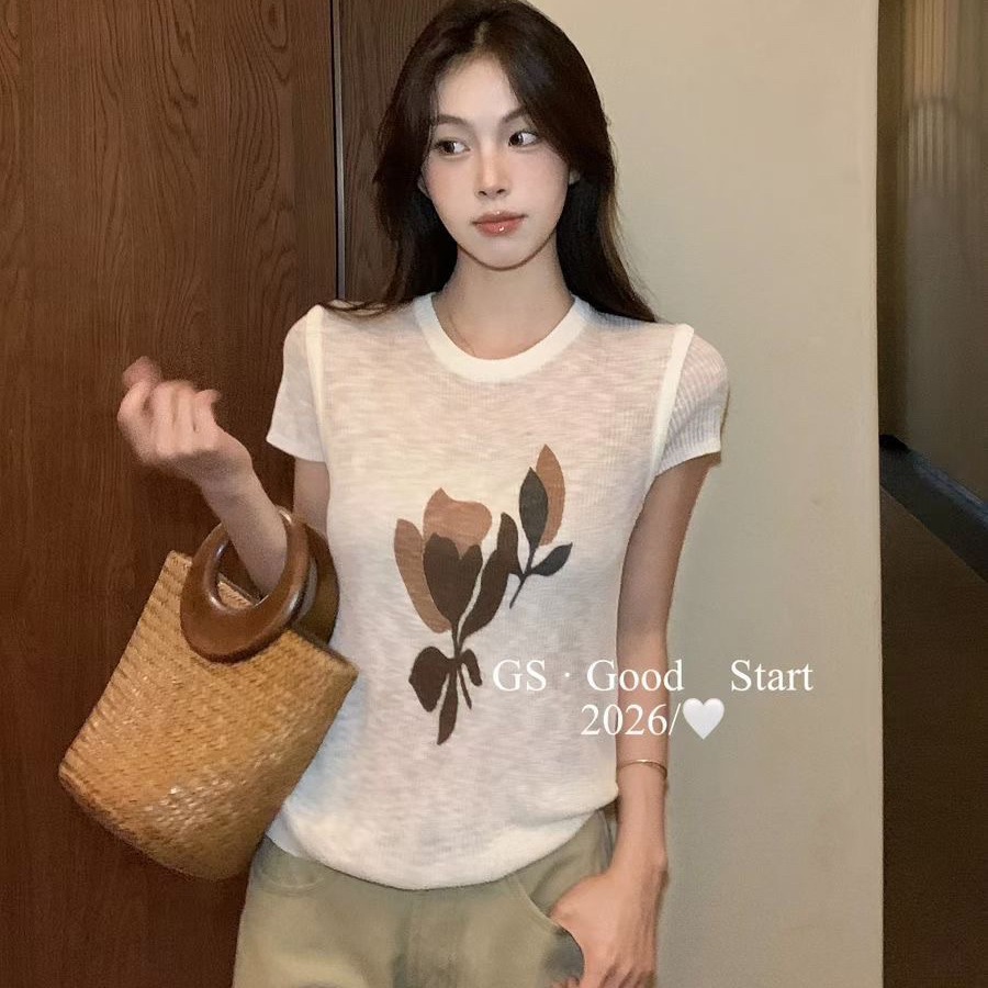 GS.GOOD START韓女夏純欲印花修身顯瘦款針織短袖上衣小衫女夏季