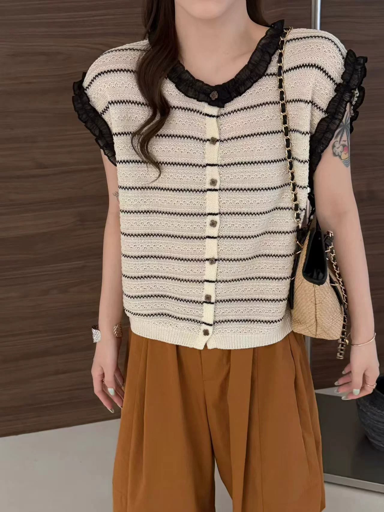 BADX正品韓系條紋撞色蕾絲花邊針織背心女夏季甜美溫柔風氣質上衣